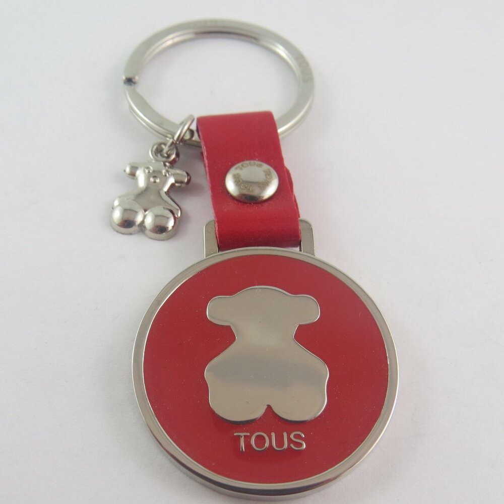Tous Teddy Bear Keychain – Red Leather Key Ring with Silver Bear Charm,